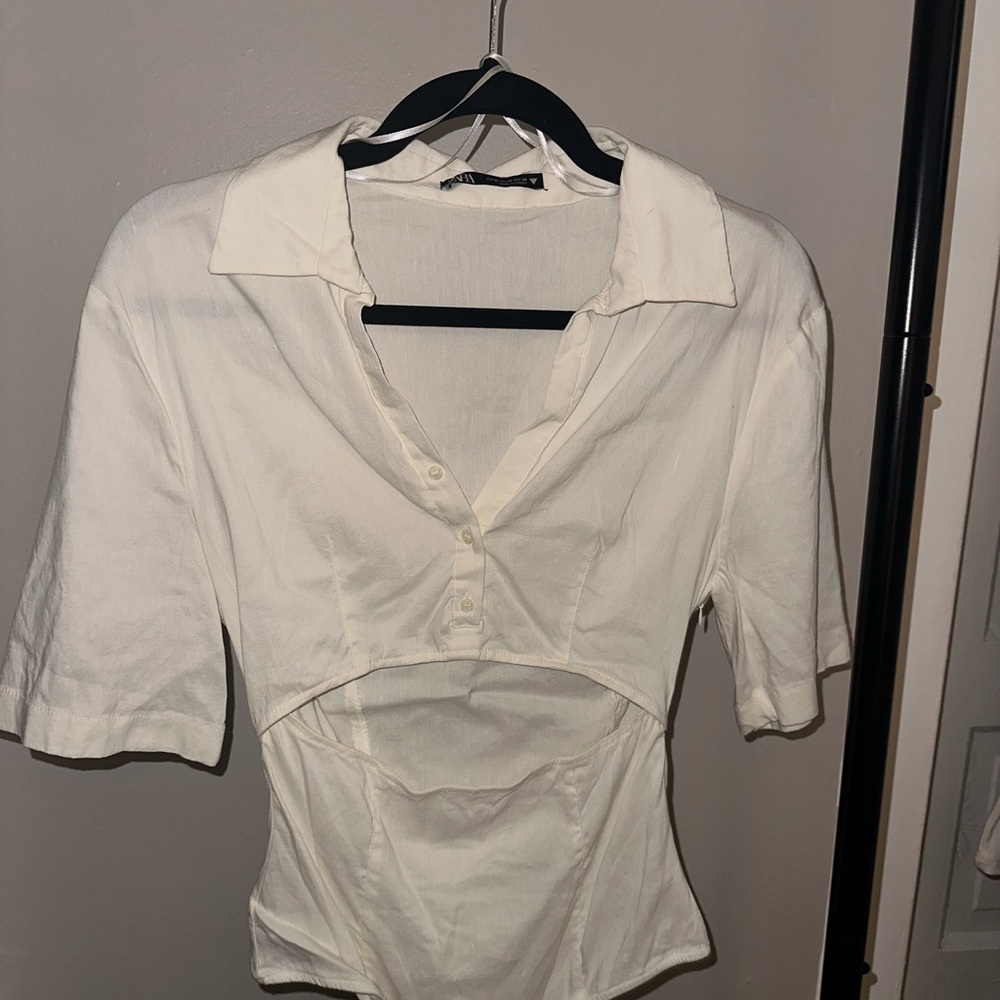 Zara white Johnny collar cutout body suit Sz medium